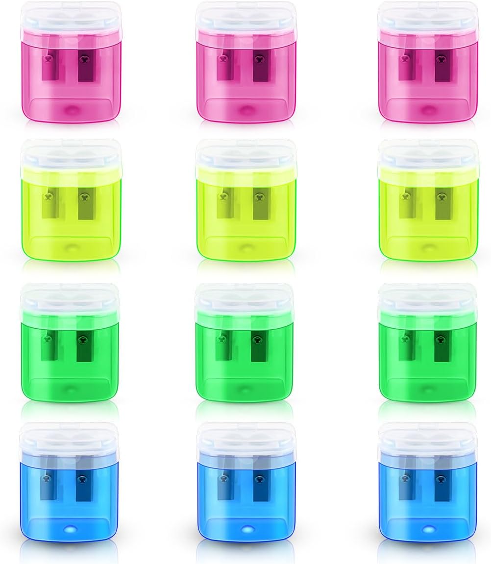 Paquete de 12 sacapuntas manuales para la escuela, oficina, hogar, aula, lápices de colores con doble agujero, con tapa para niños, sacapuntas