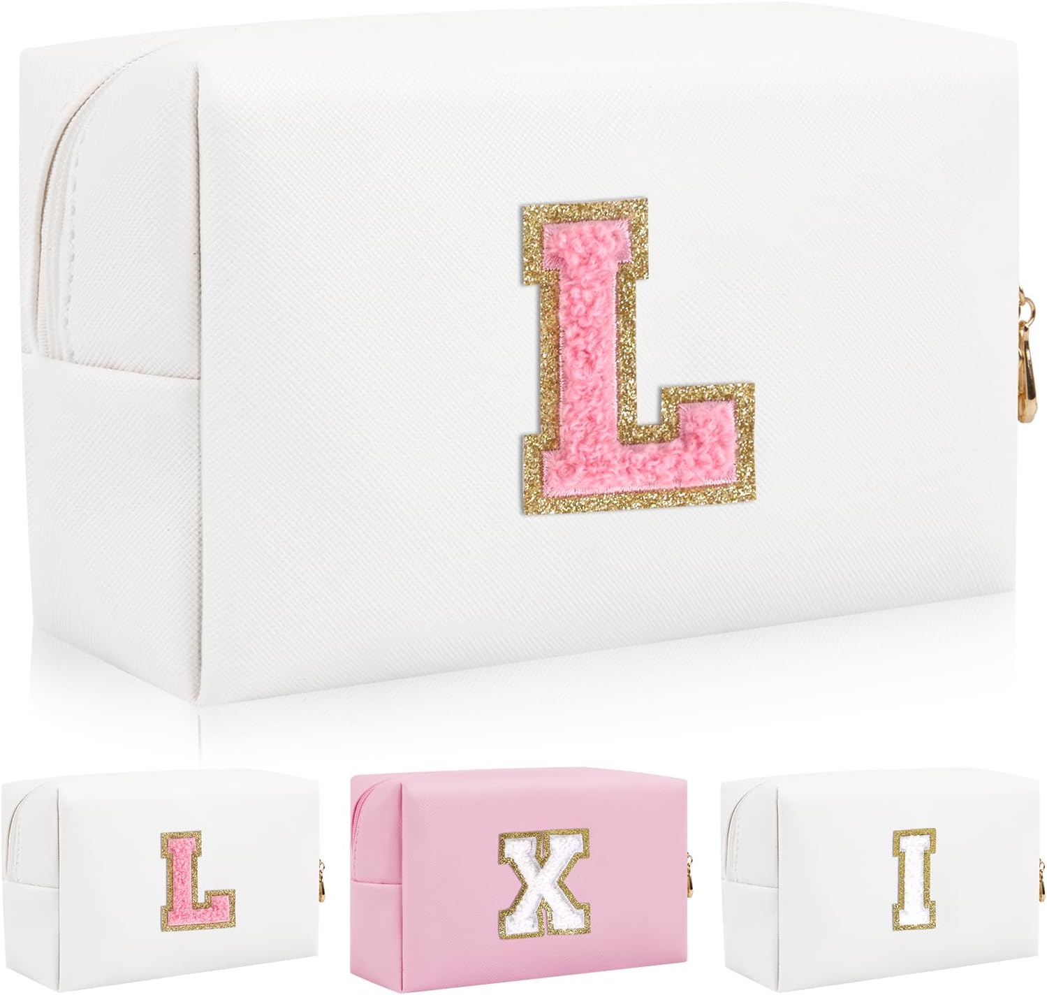 Bolsa de maquillaje personalizada con parche de letra inicial, bolsa de cosméticos con cremallera, Letra blancarosa