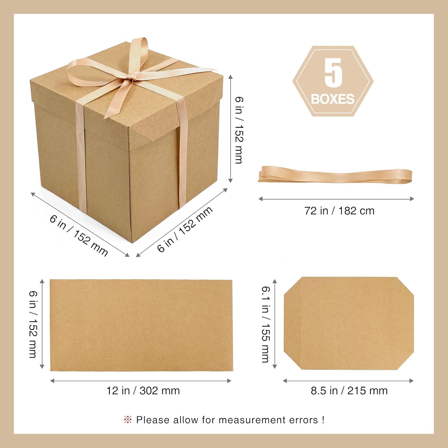 Caja de regalo marrón de 6 pulgadas con tapa y cinta para bodas, vacaciones, graduaciones, cumpleaños y aniversarios, caja de decoración de Navidad