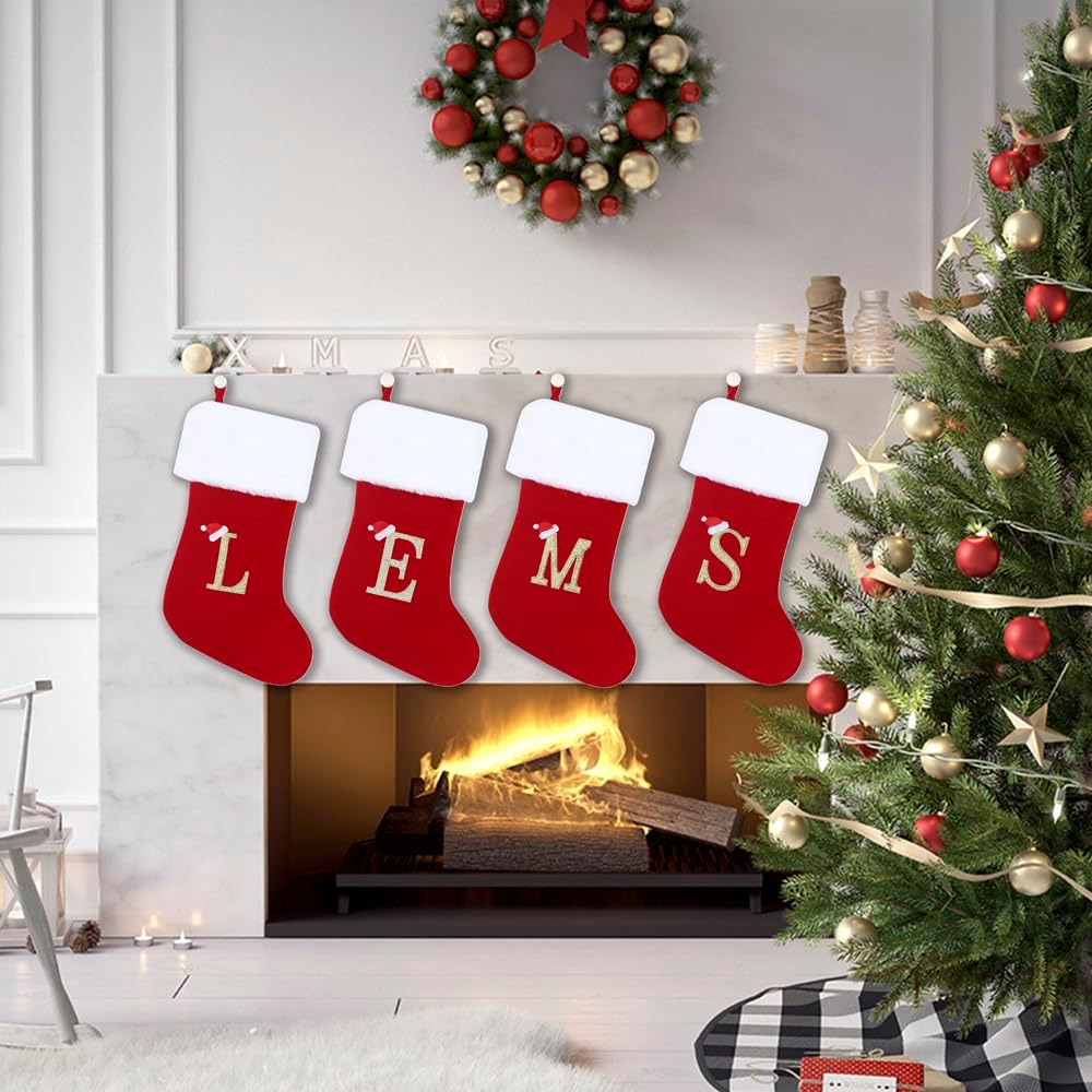 Calcetines de Navidad con iniciales de 20 pulgadas, terciopelo rojo gris con puños de felpa blanca súper suaves, monograma bordado, calcetín de