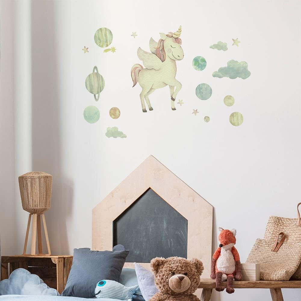 funlife 2 hojas de calcomanías de unicornio que brillan en la oscuridad, calcomanías de pared luminosas de unicornio brillante para despegar y