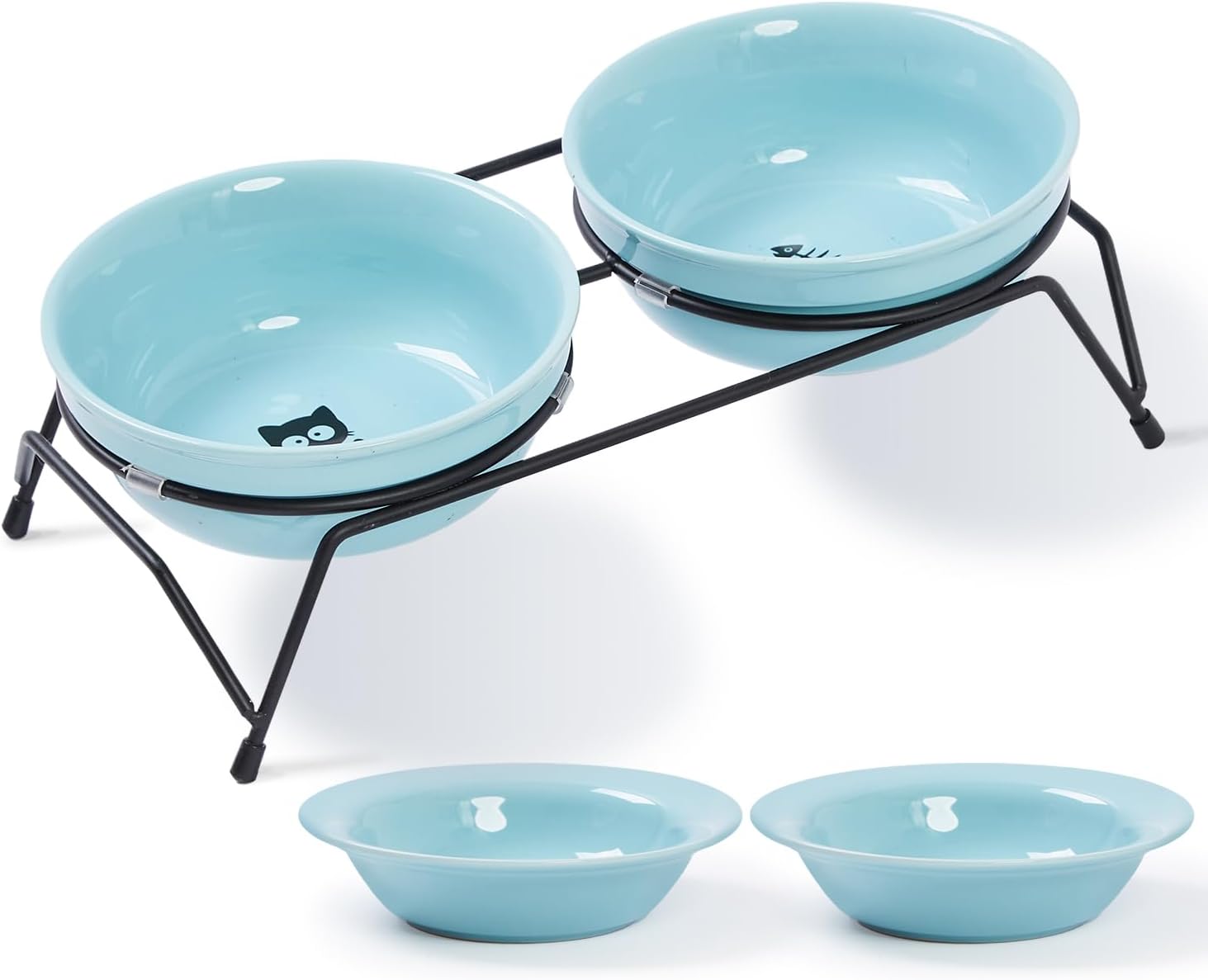 FOREYY – Cuencos elevados para gatos con 2 cuencos de cerámica y 2 platos, cuenco elevado para comida para gatos con soporte de metal, platos de