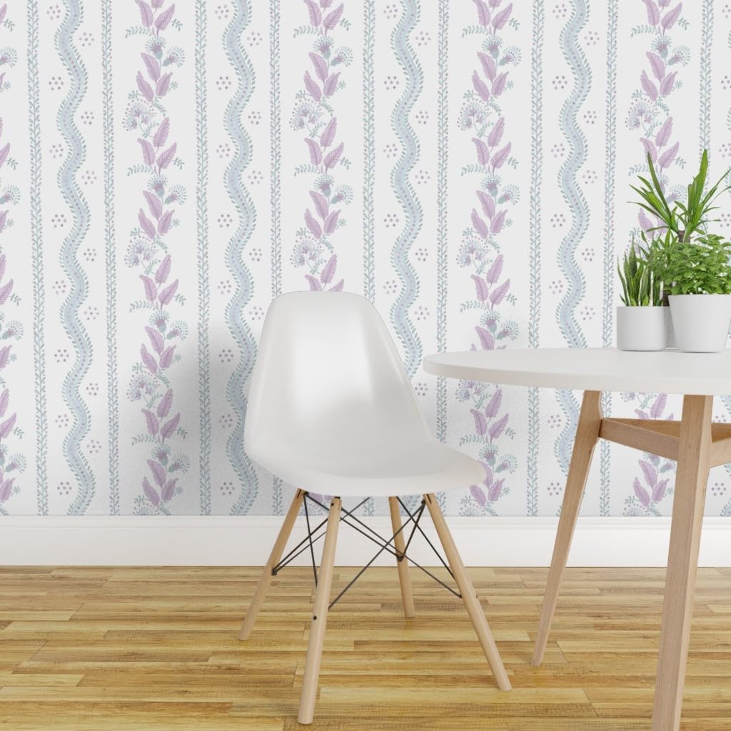 Spoonflower Papel tapiz extraíble – Cottagecore Floral Stripe Botánico Grandmillennial Púrpura Azul Papel pintado tradicional prepegado personalizado