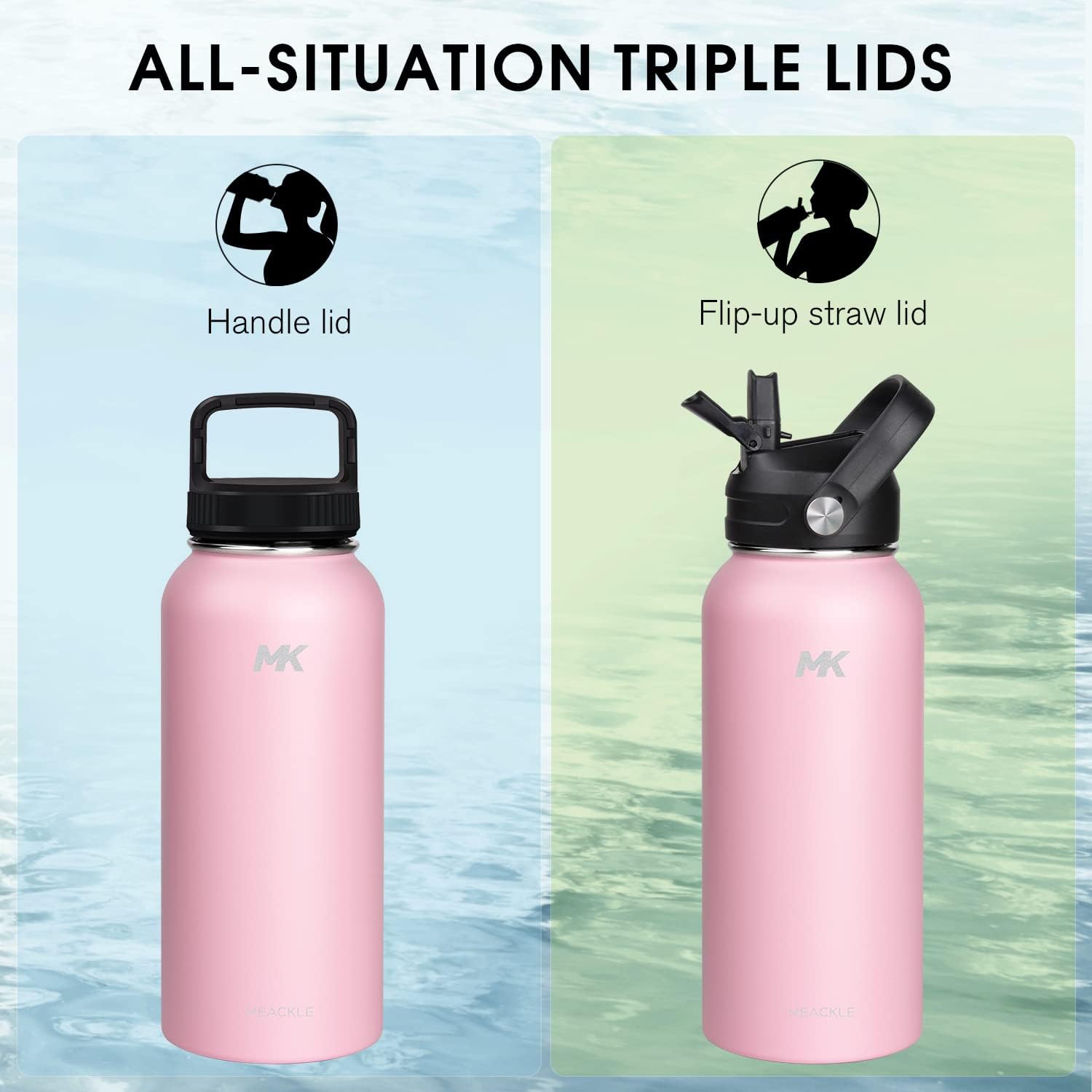 Botella de agua aislada de 32 onzas con popote y 2 tapas, botella de metal de medio galón, jarra de agua grande doble de acero inoxidable, taza de