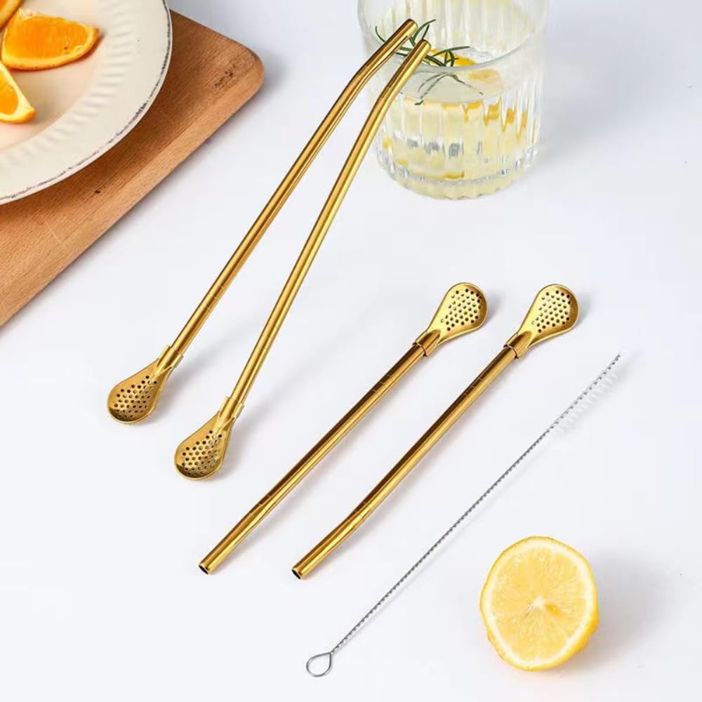 Pajitas reutilizables, 8 pajitas de yerba mate de acero inoxidable dorado con cuchara de filtro movible