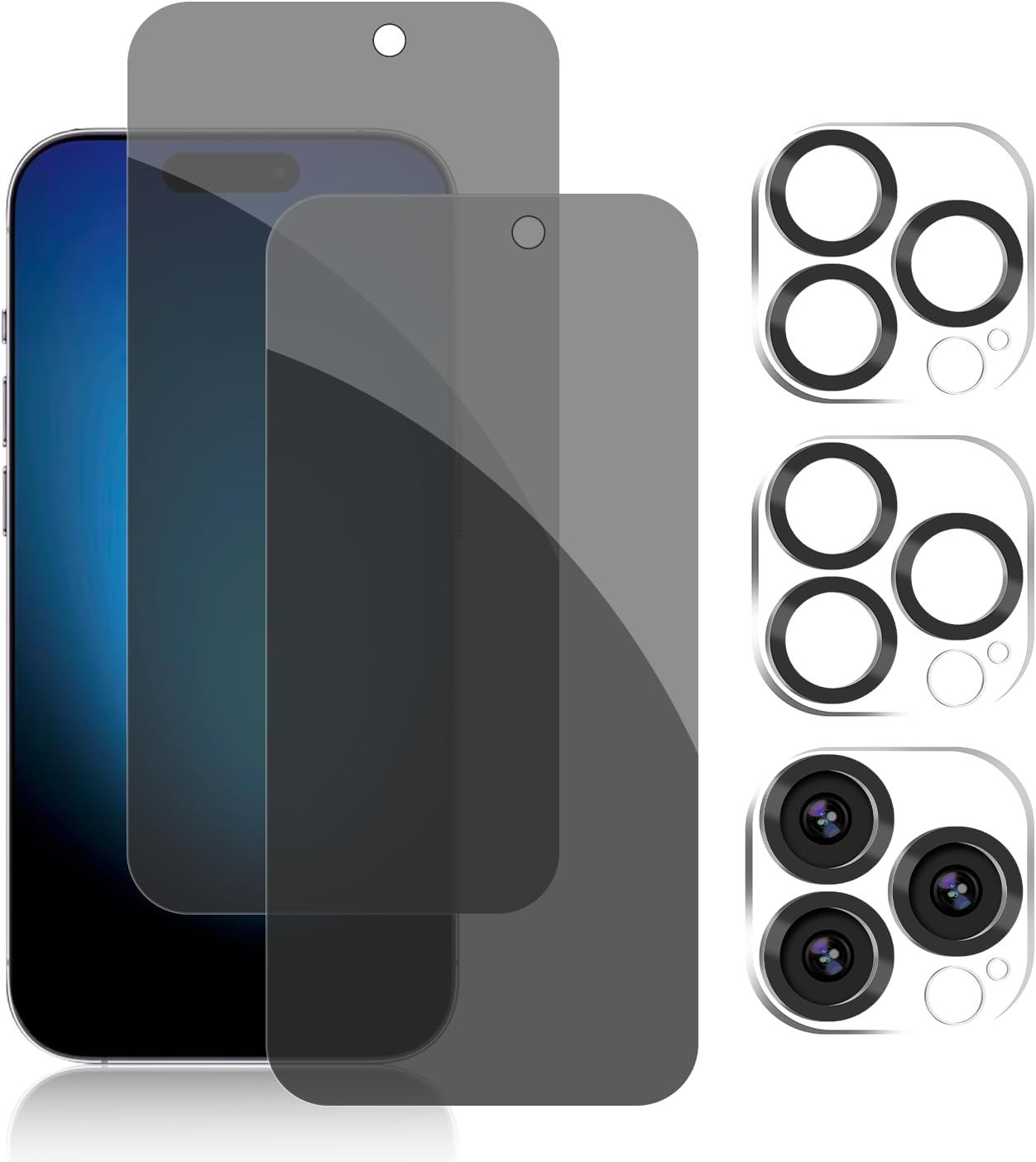 Pehael Paquete de 2+2 Protector de pantalla de privacidad para iPhone 15 Pro con protector de lente de cámara, cobertura completa, película de
