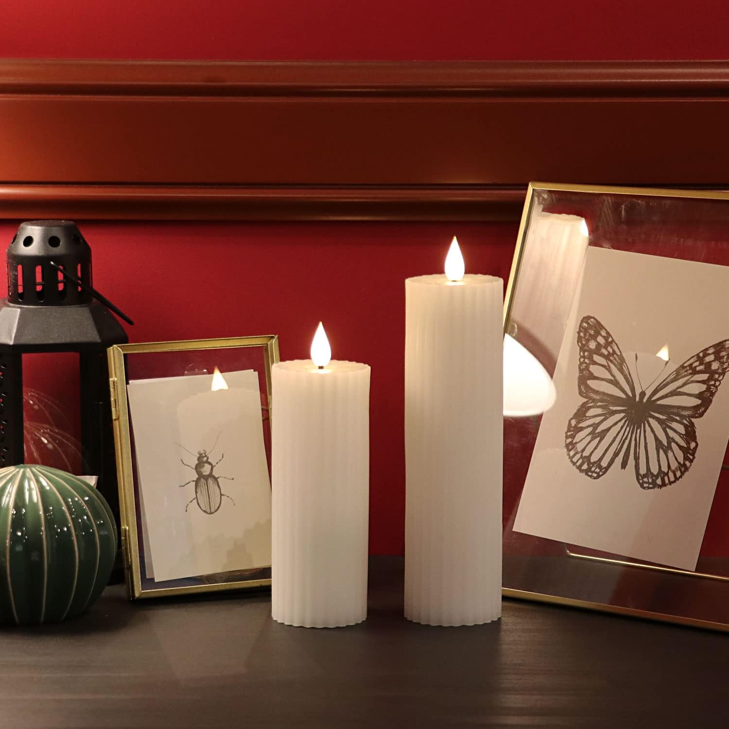 Fanna Velas LED sin llama de columna delgada de 8 pulgadas, color blanco, funciona con pilas, diseño de rayas, pilas y control remoto incluidos,