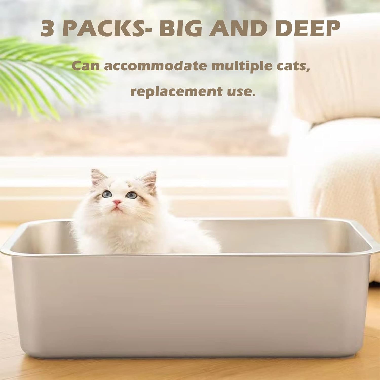 3 paquetes de arena para gatos de acero inoxidable para gatos grandes, lados extra altos y caja de arena de metal duradera para gatos de tamaño XL