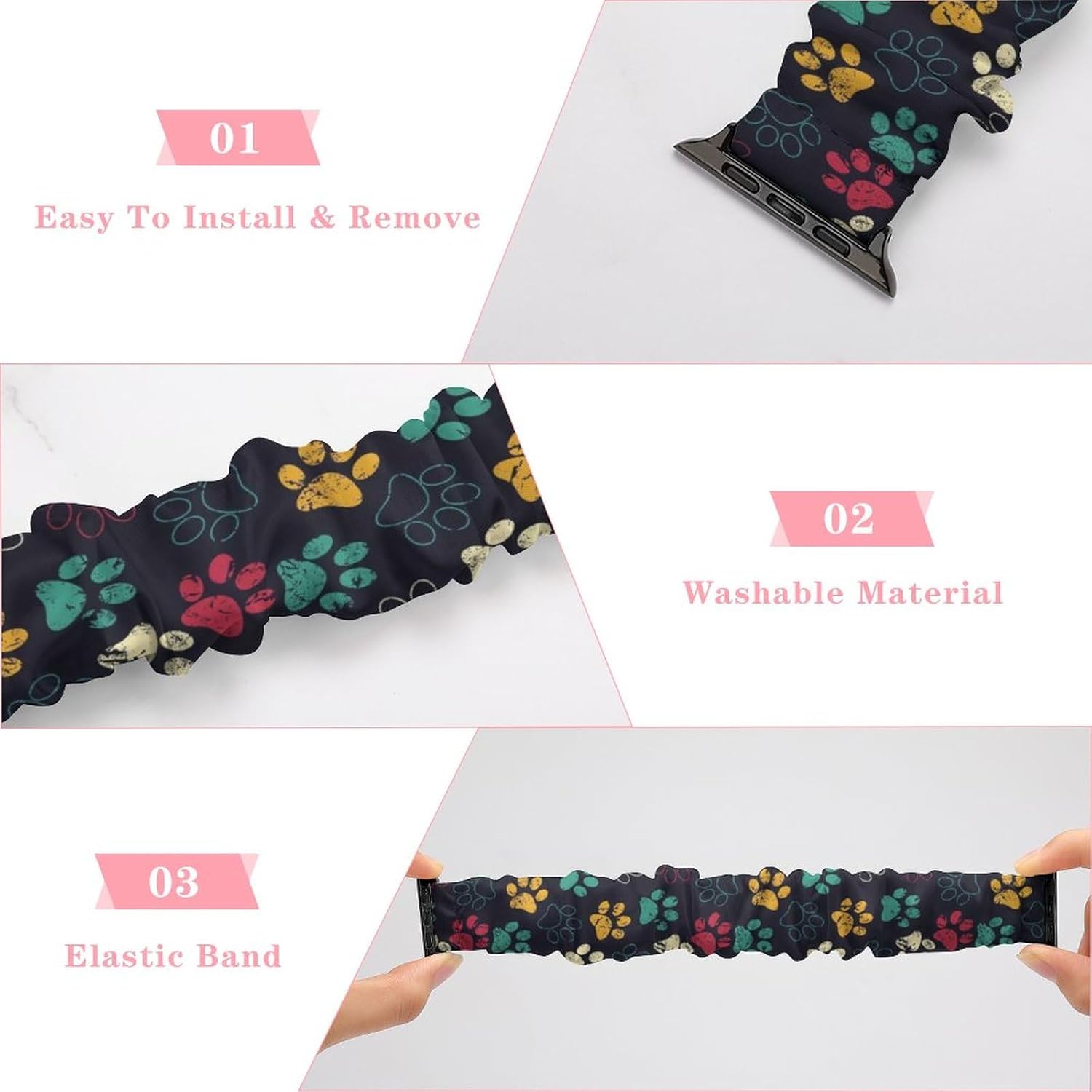 Compatible con Apple Watch Band Scrunchie de 1.496 pulgadas, 1.575 pulgadas, 1.654 pulgadas, 1.732 pulgadas, lindo estampado de huellas de huellas