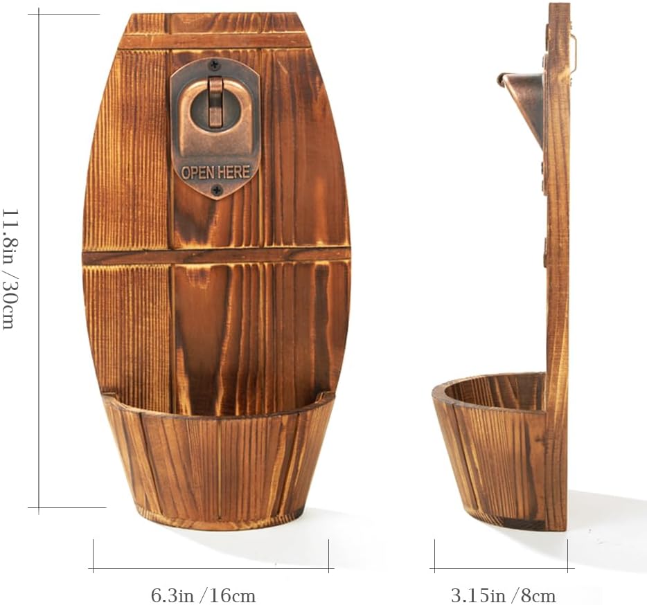 Abrebotellas de barril de cerveza de madera montado en la pared, abrebotellas vintage sin rastro con colector de tapa, regalo ideal para hombres y