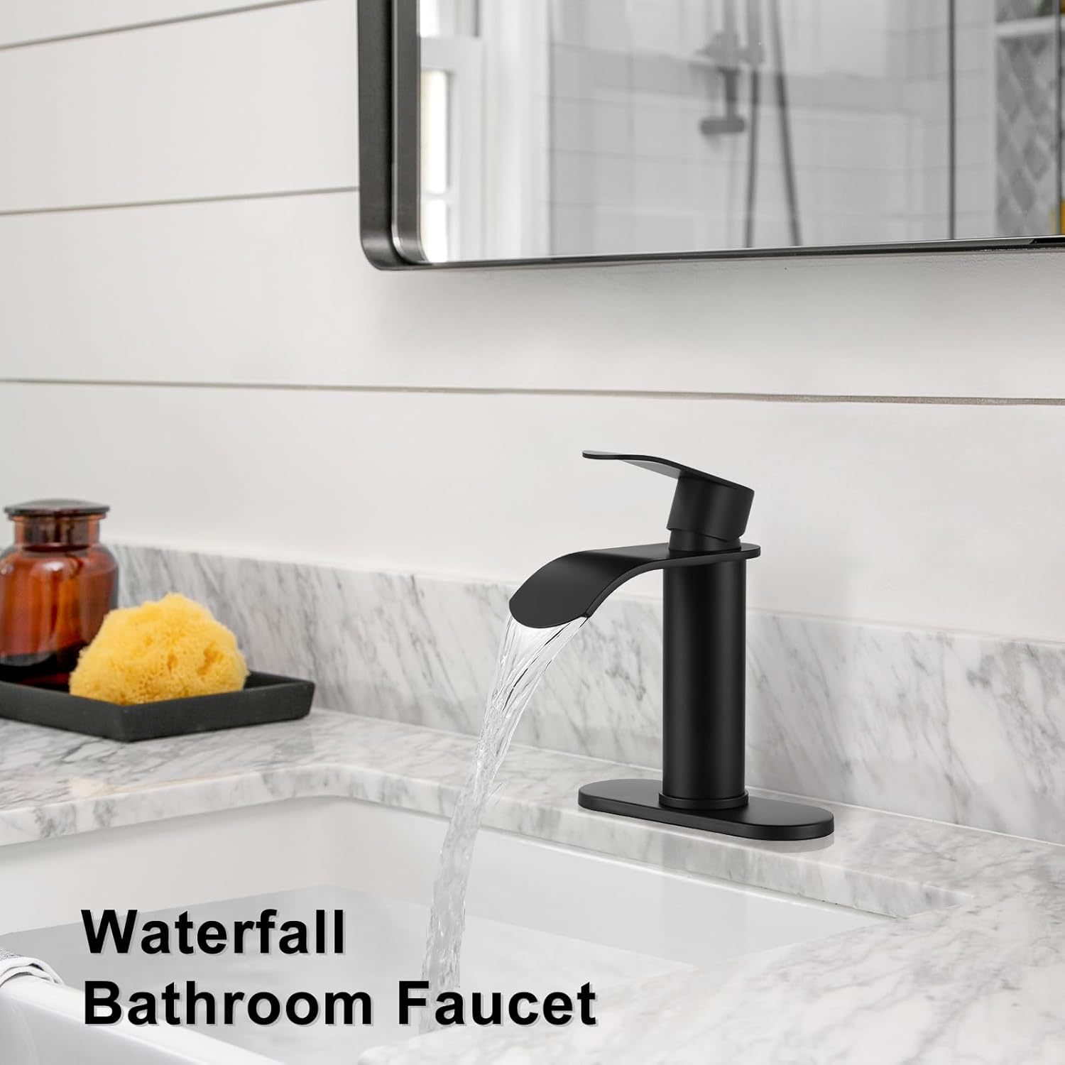 WOWOW Grifo de baño en cascada negro mate grifo de lavabo de baño para 1 agujero o 3 agujeros, grifo de tocador de una sola manija con drenaje