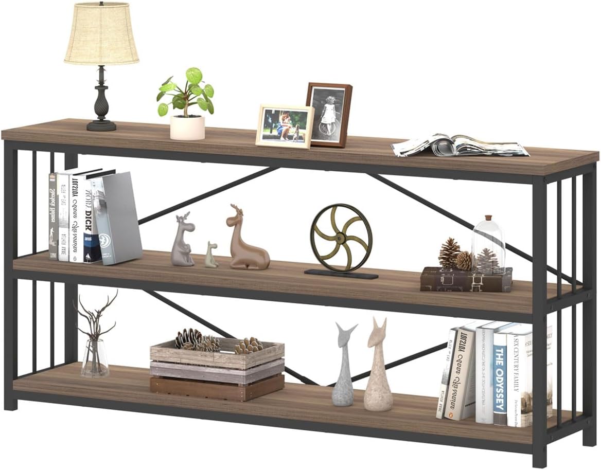 IBF Estantería industrial de 3 niveles, estantería rústica de madera baja y metal, estantería horizontal abierta larga de ancho, moderno y grande