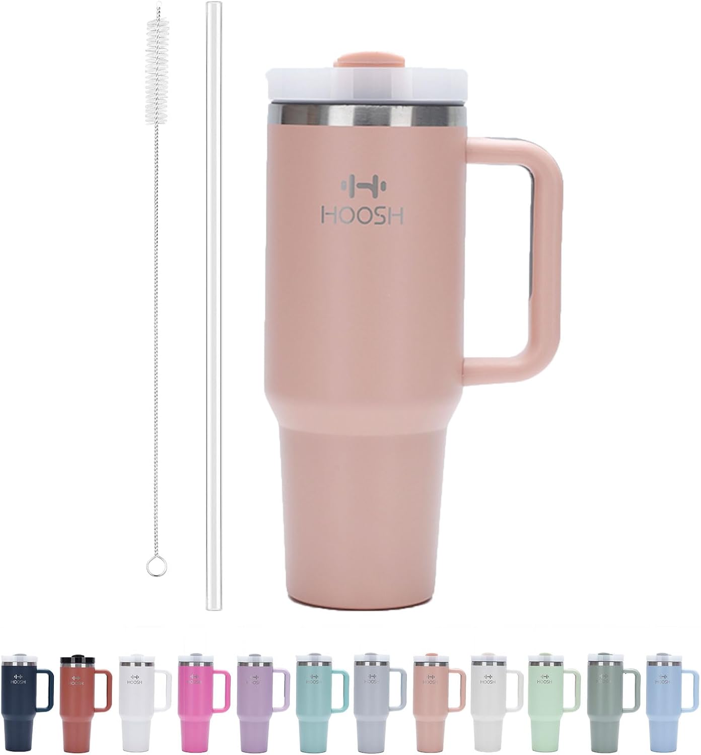HOOSH Vaso de 40 onzas con asa y pajita, vaso con tapa, termo de acero inoxidable que puede mantener el agua caliente o fría, viene con un popote de