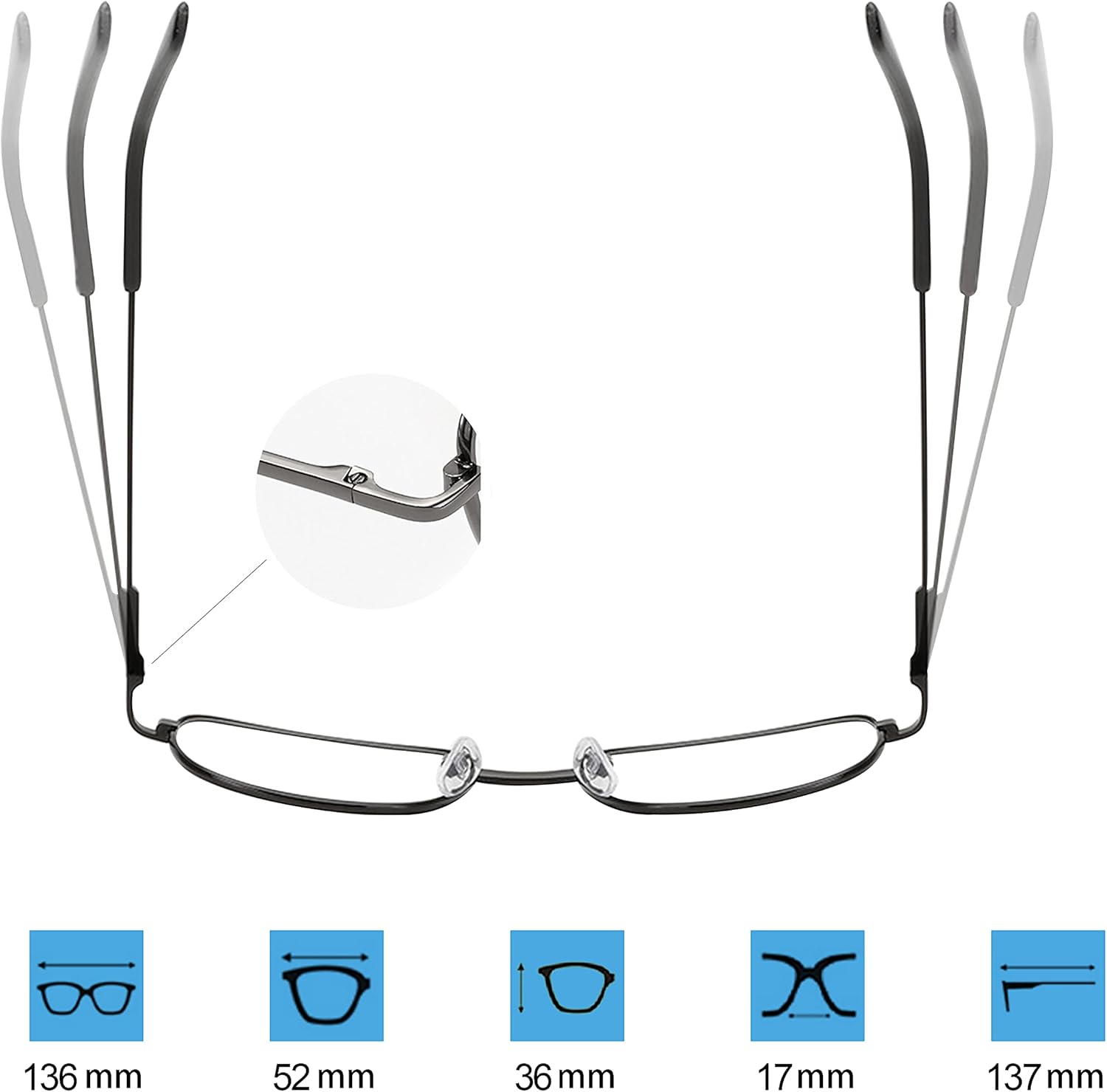 Gafas de lectura para hombres y mujeres, marco rectangular de metal con bisagra de resorte cómoda + correa para gafas
