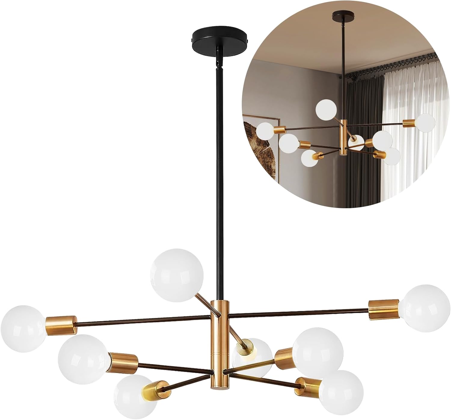 Candelabro Sputnik de 8 luces, lámparas colgantes negras y doradas, moderna lámpara de comedor de granja de latón de mediados de siglo, altura