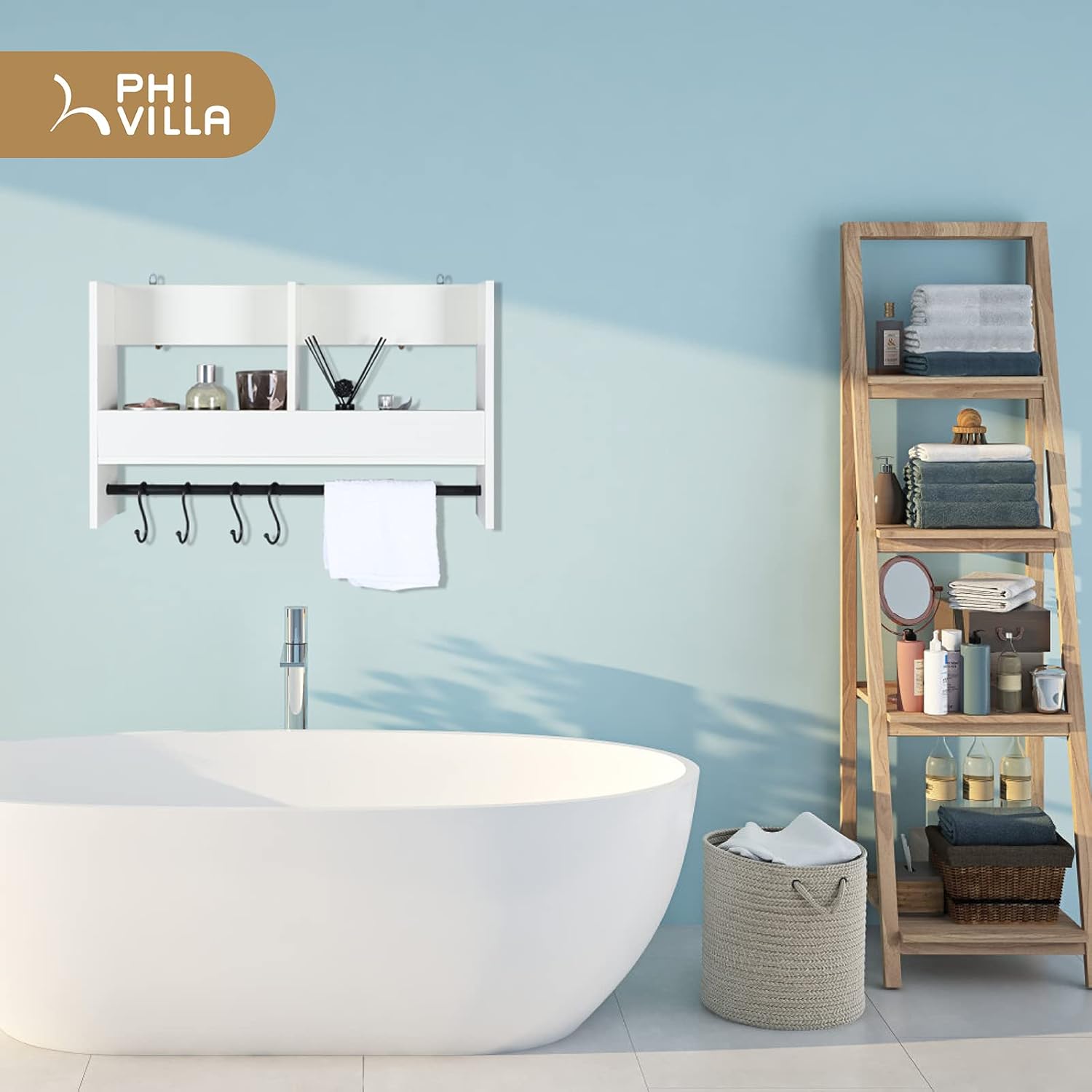 PHI VILLA Estante de ducha con ganchos, estante organizador de cocina montado en la pared, estante de almacenamiento, estantes flotantes de baño,