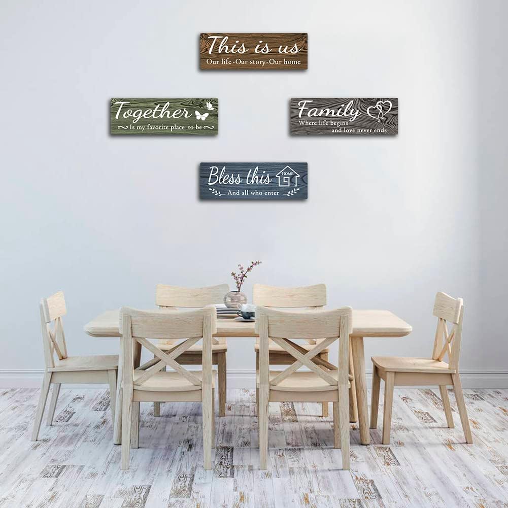4 Pieces Home Wall Decor Signs, This is Us Together Bless this Family Rustic Wooden Wall Art with Quotes for Living Room Bedroom Kitchen Farmhouse