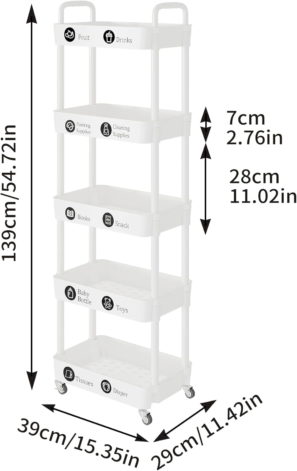 Carrito de almacenamiento de 5 niveles, carrito multifuncional con ruedas para baño, lavandería, con calcomanías clasificadas, color blanco