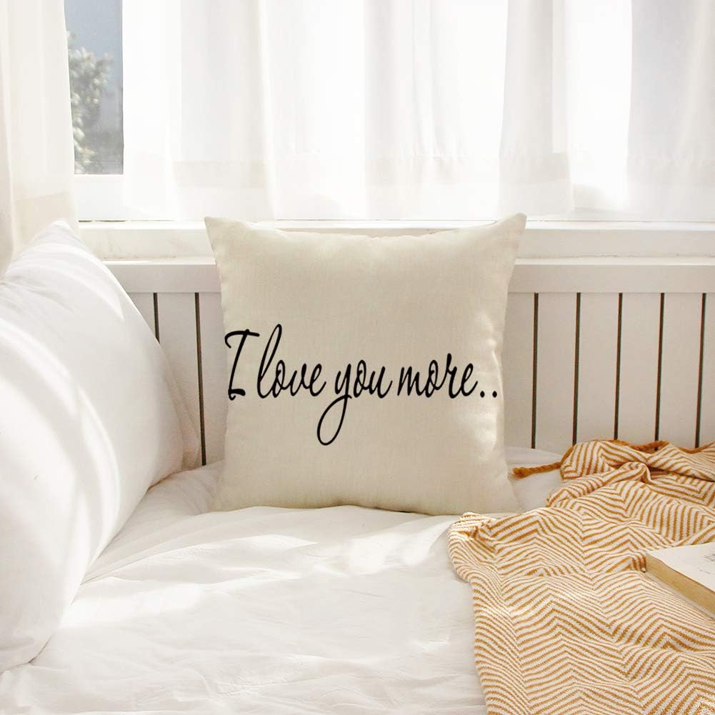 Ogiselestyle I Love You More – Funda de almohada de lino y algodón para el hogar, funda de cojín decorativa para sofá, 18 x 18 pulgadas