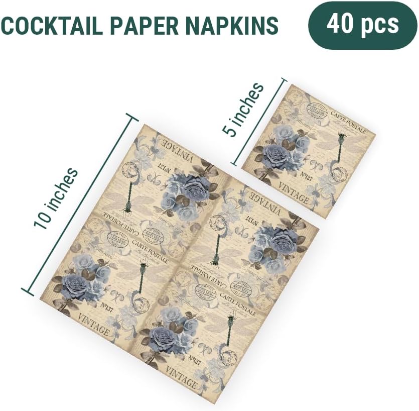 Servilletas de papel de rosas, 40 unidades, diseño de rosas postales, para decoupage, rosas azules vintage en papel de seda de flor de lis,