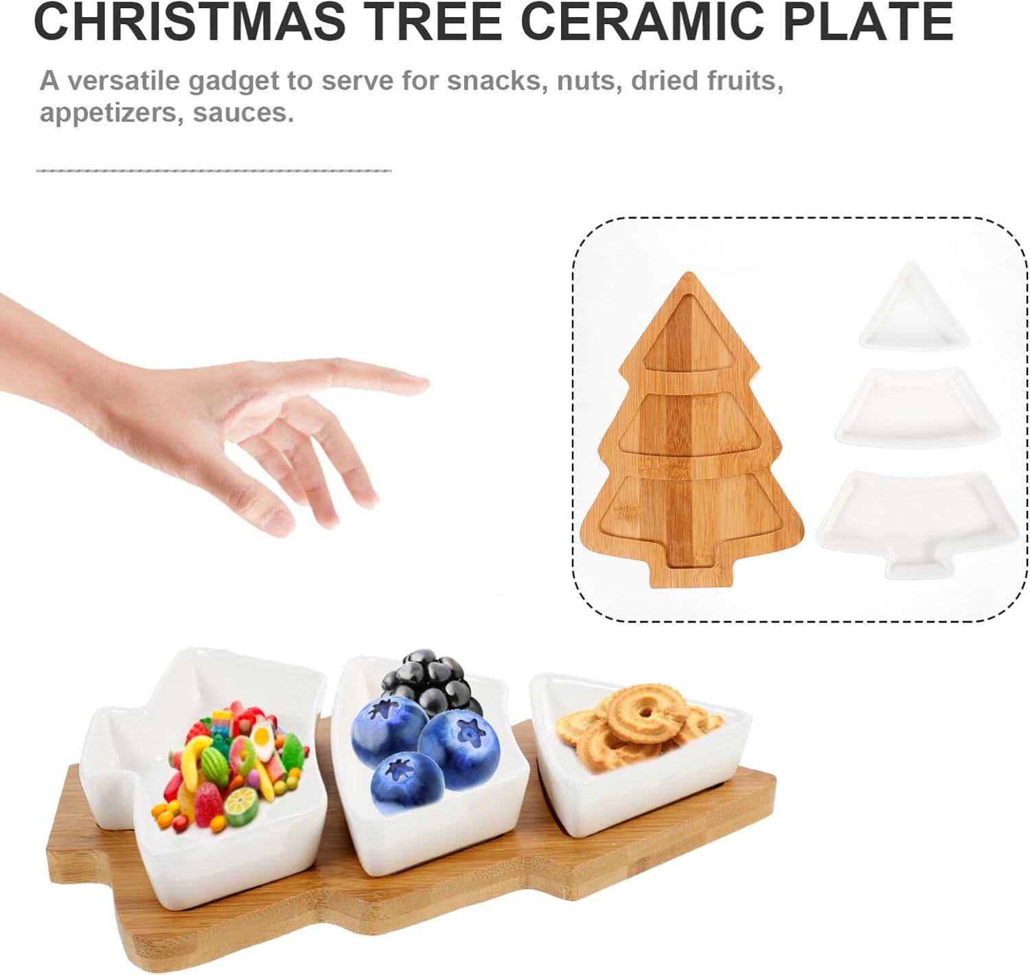 Angoily Bandeja de cerámica con forma de árbol de Navidad para entretenimiento, plato de servir alimentos con base para aperitivos, aperitivos,