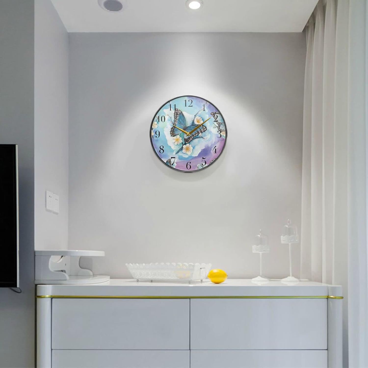 xigua Reloj de pared acrílico con diseño de flores de mariposa y acuarela, silencioso, funciona con pilas, 11.9 pulgadas para el hogar, dormitorio,