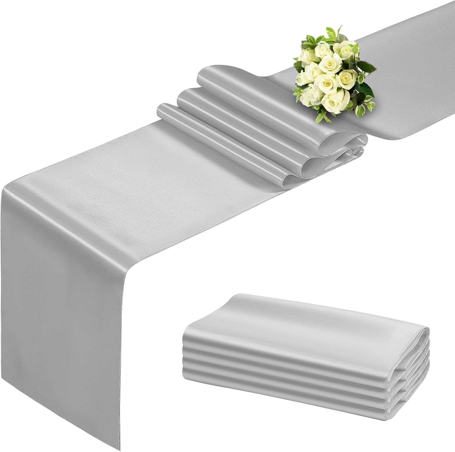 Camino de mesa plateado de 12 x 108 pulgadas, paquete de 4 caminos de mesa de satén, camino de mesa suave para fiestas, bodas, banquetes, cumpleaños