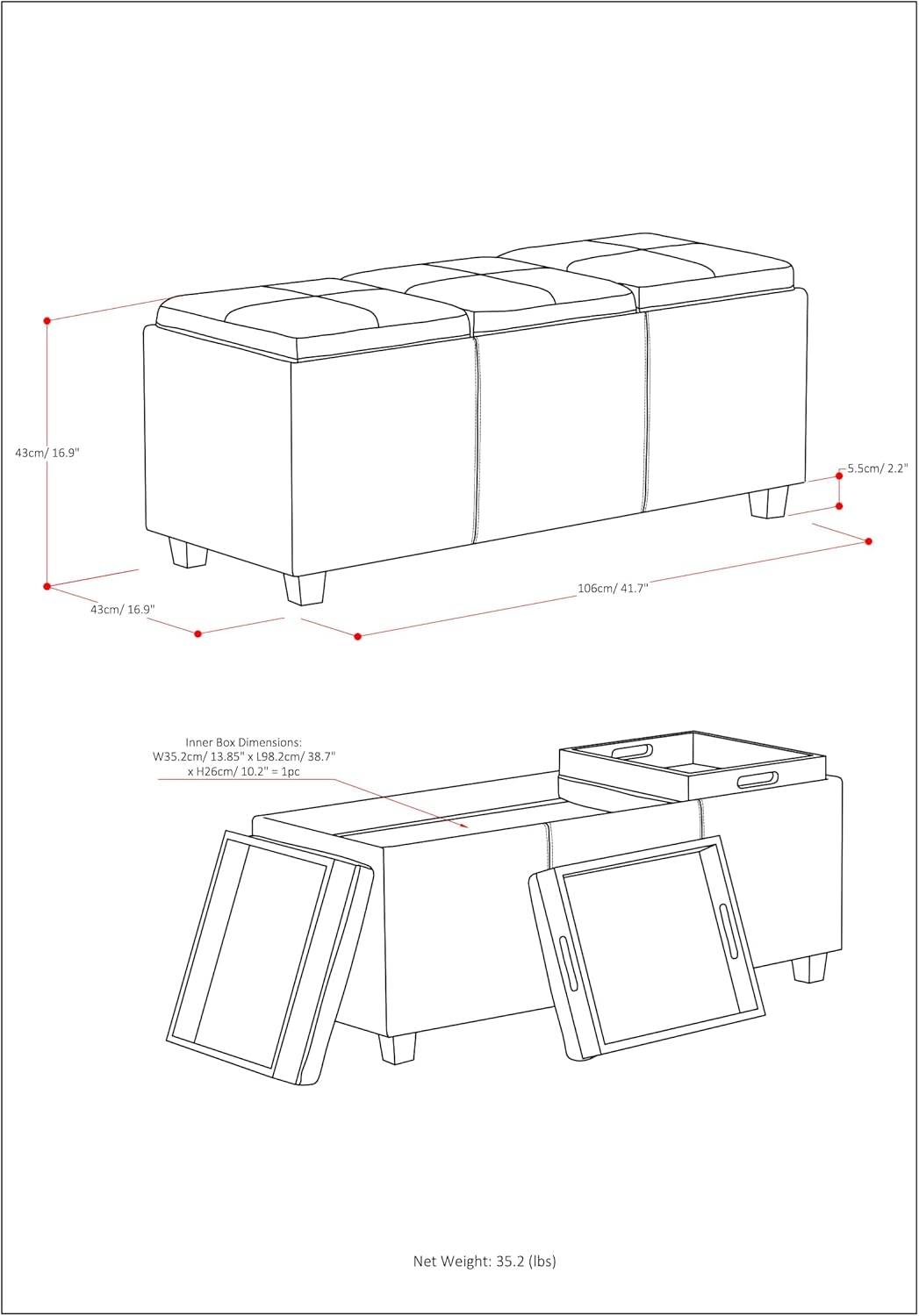 Otomana rectangular de Simpli Home de piel sintética para almacenamiento con 3 bandejas, Avalon, Madera