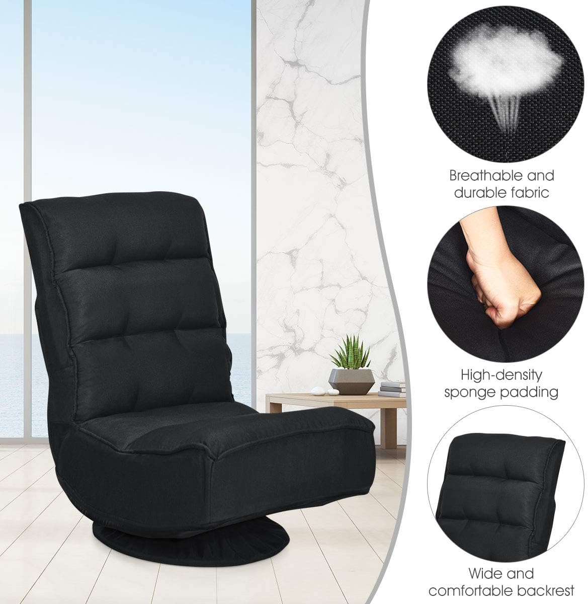 Giantex Silla giratoria de 360 grados, silla plegable para juegos de piso con 6 posiciones ajustables, sofá perezoso con soporte trasero copetudo,