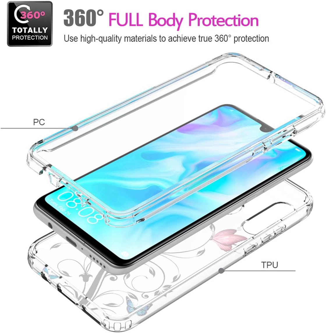 Vavies Funda para Huawei P30 LiteNova 4E MAR-LX3A con protector de pantalla de vidrio templado, cuerpo completo, transparente, flexible, con diseño