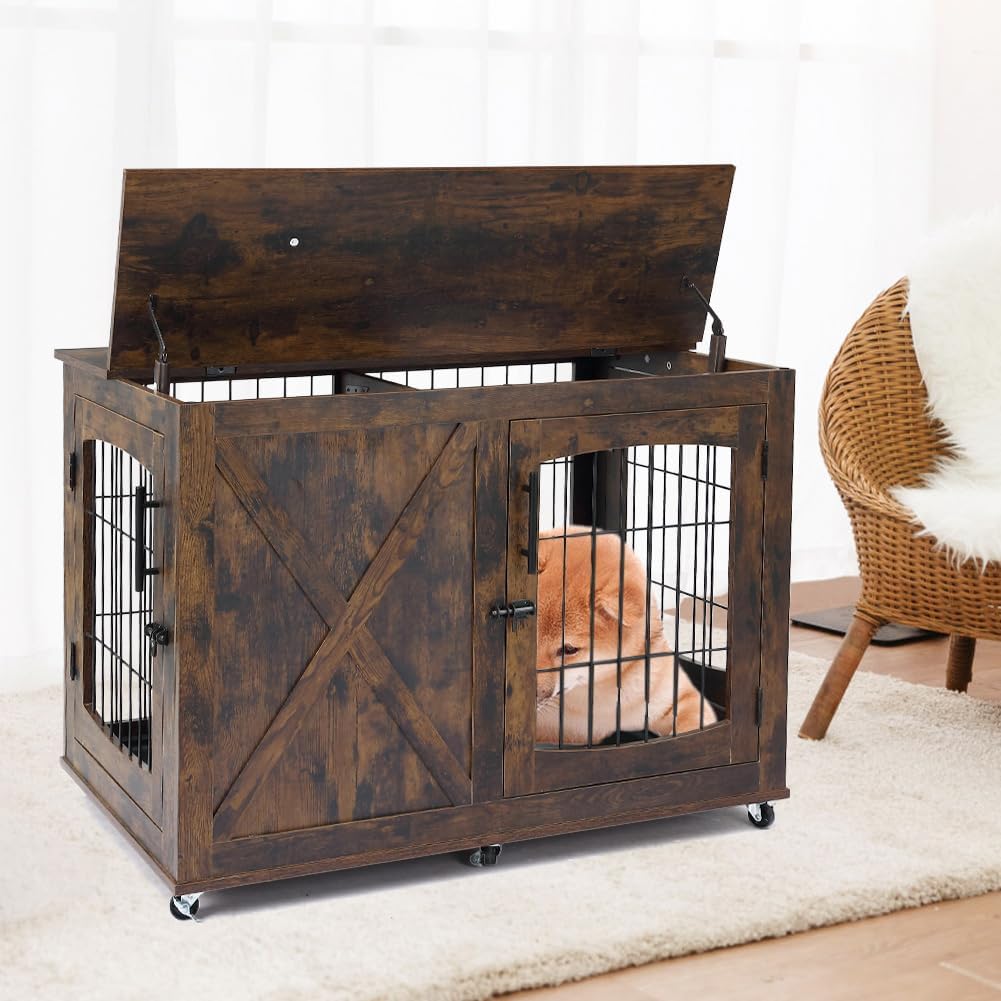 Muebles de jaula para perros con bandeja, mesa de madera para perros con 4 puertas, perrera con divisor, jaula para perros, mesa auxiliar auxiliar