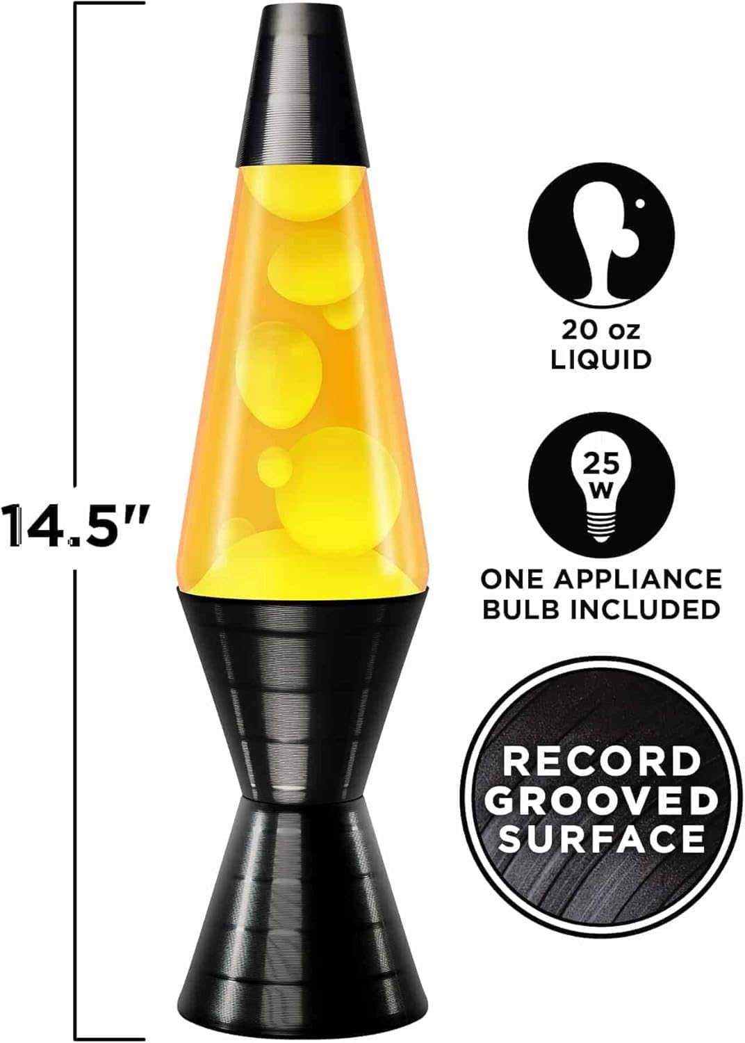 LAVA Lámpara de 14.5” Disco de vinilo con base ranurada – La luz de movimiento original – Cera amarilla y líquido naranja – 2017