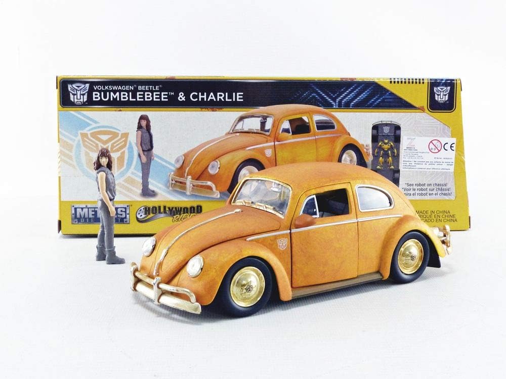 Jada Toys 253115000 Transformers Bumblebee VW Beetle Coche de juguete de fundido, puertas abiertas, bota y capó, figura de Charlie, escala 124,
