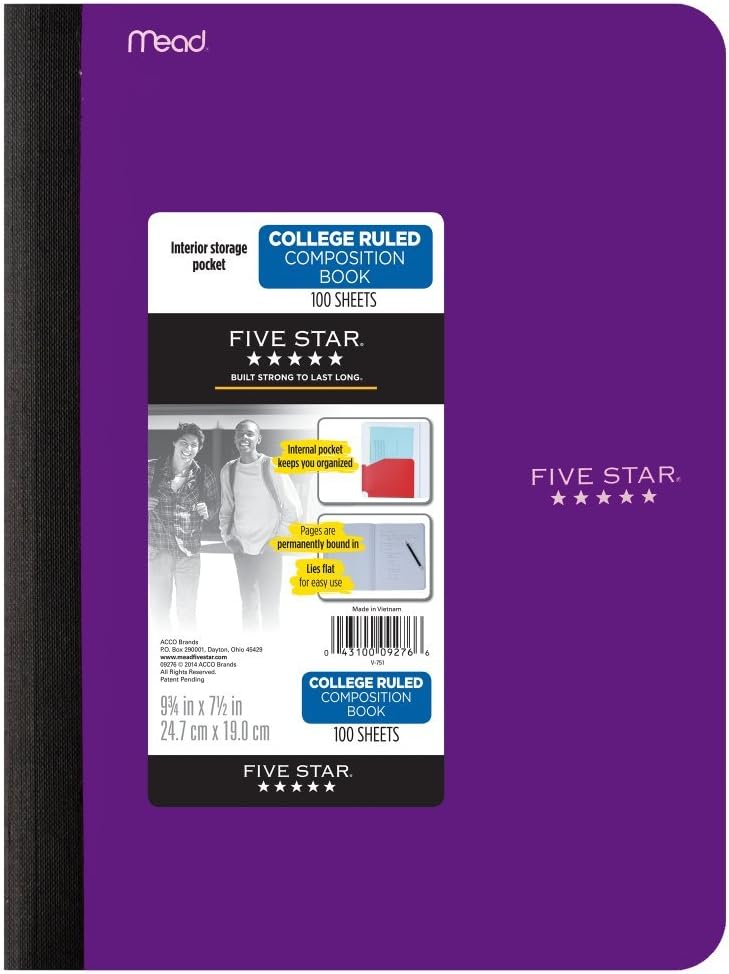 Five Star Libro de composición, cuaderno, con bolsillo, papel rayado universitario, 100 hojas, 9-34″ x 7-12″, color seleccionado para ti, 1 unidad