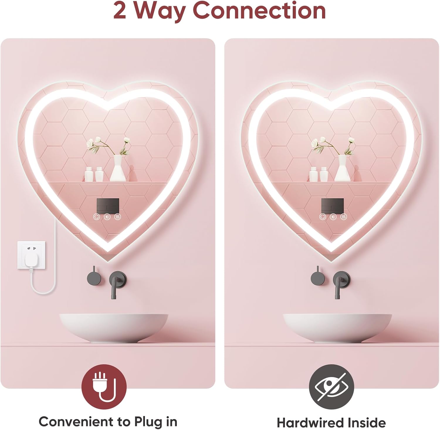 BesMirror Espejo de baño LED con luces en forma de corazón de 28 x 28 pulgadas, antiempañamiento frontal iluminado en la pared, espejo de tocador