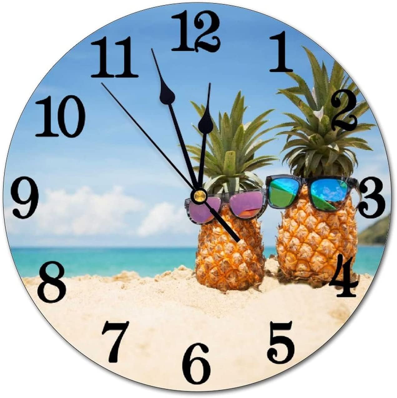Divertidas piñas en el mar, reloj de pared de playa, funciona con pilas, reloj redondo silencioso, decoración de pared para la oficina en casa,