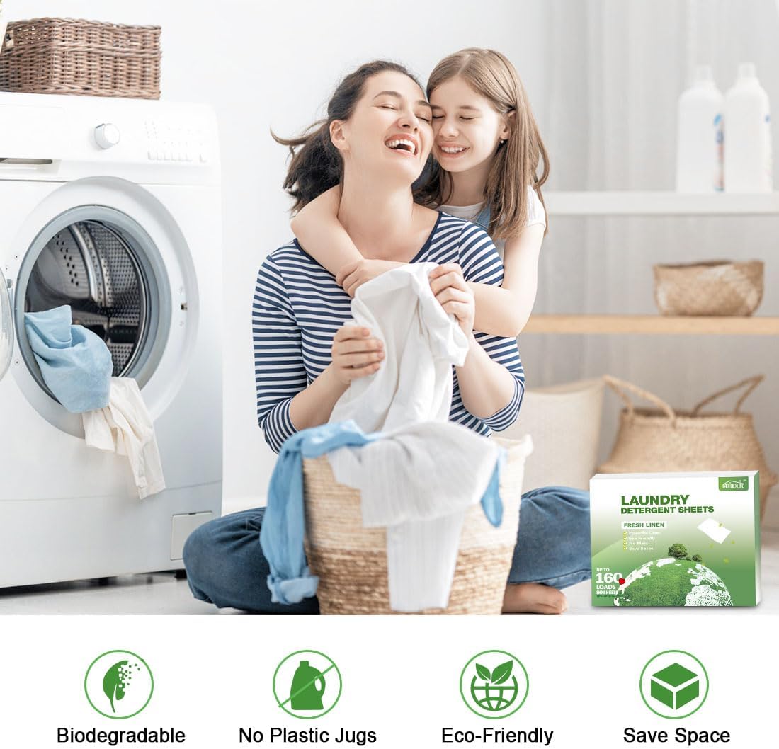 HOMEXCEL Hojas de detergente para ropa, aroma fresco, ecológicas, 80 unidades, sin plástico, hipoalergénicas, bajas en espuma, fáciles de usar,