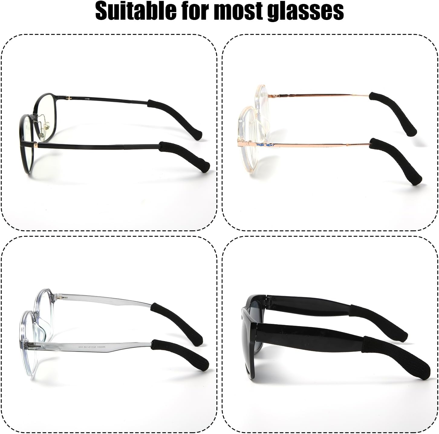 4 pares de puntas de patillas para gafas, antideslizantes, almohadillas de punto suave para lentes de sol, lentes de lectura (negro, gris, marrón +