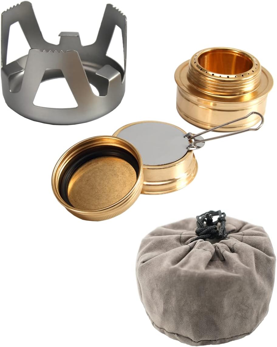 Mini estufa de alcohol, quemador de alcohol ligero de latón con soporte de aluminio para camping, senderismo y picnic (gris)