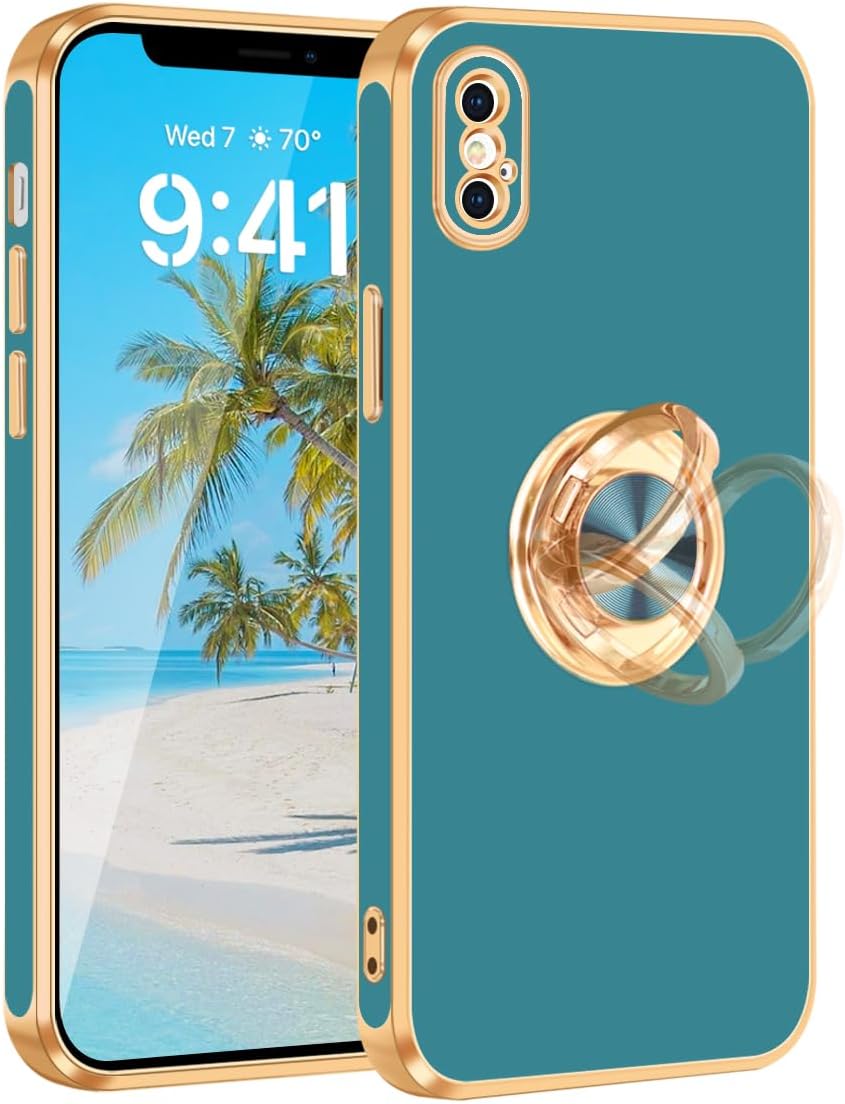Fingic Funda para iPhone X, iPhone XS con soporte de anillo de 360 Soporte magnético giratorio con borde dorado brillante, delgada, suave TPU a