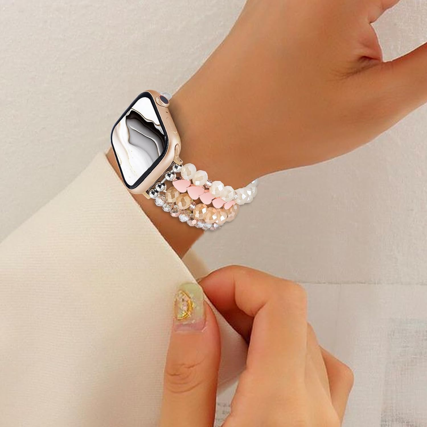 JR.DM Correa de cuentas compatible con Apple Watch Series 987654321SE, elegante, bohemia, bonita, elástica, de cristal, hecha a mano, para iWatch de