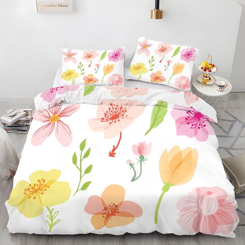 Beige Floral Duvet Cover Full Flowers Print Bedding Sets Full Soft Microfiber Comforter Cover and 2 Pillow Shams 20″X26″, Bed Set Duvet Covers with