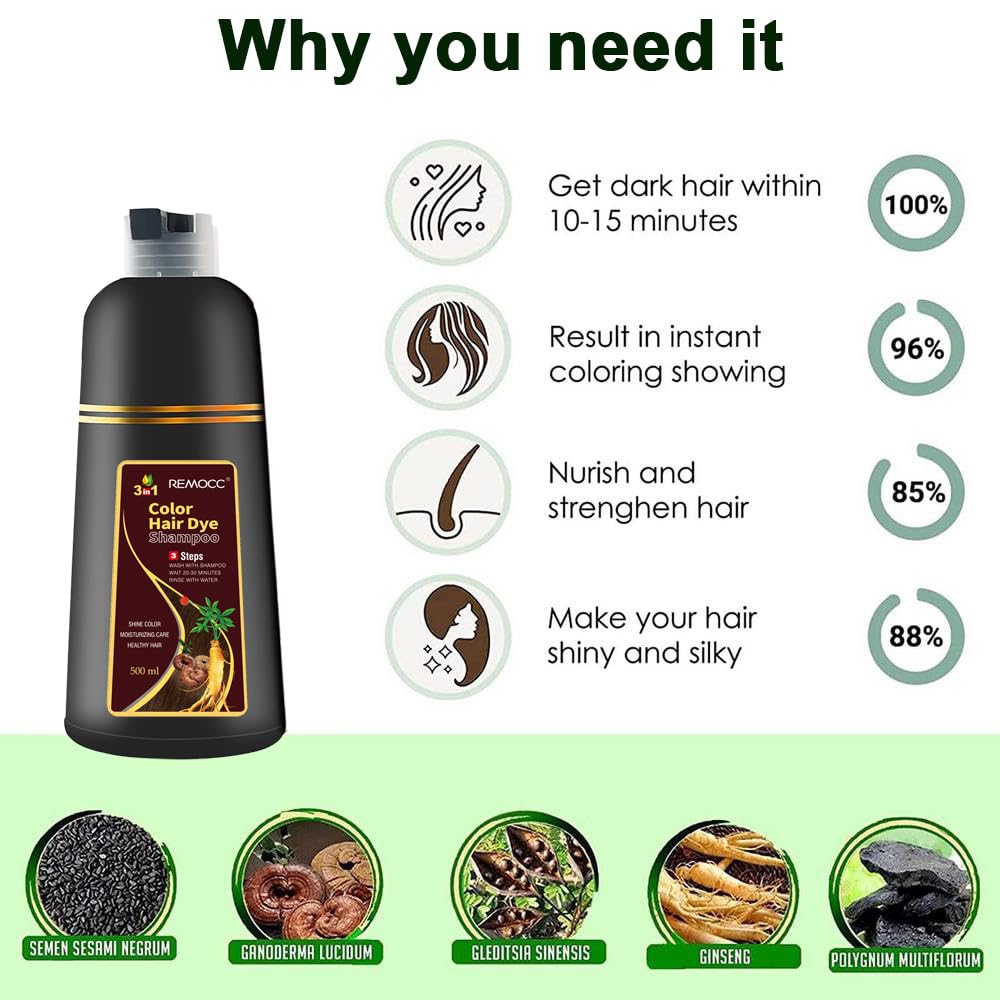 Champú instantáneo de tinte para cabello rojo vino para mujeres y hombres, champú para teñir el cabello gris, 16.9 fl oz de ingredientes herbarios 3
