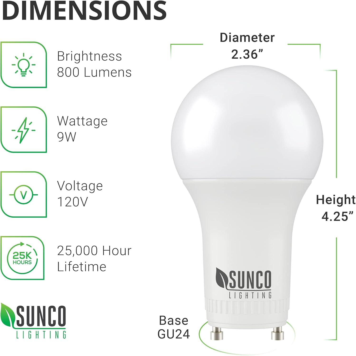 Sunco – Paquete de 6 bombillas LED GU24 de 2 clavijas A19, luz diurna de 5000 K, equivalente a 9 W 60 W, CFL de repuesto 800 LM, súper brillante