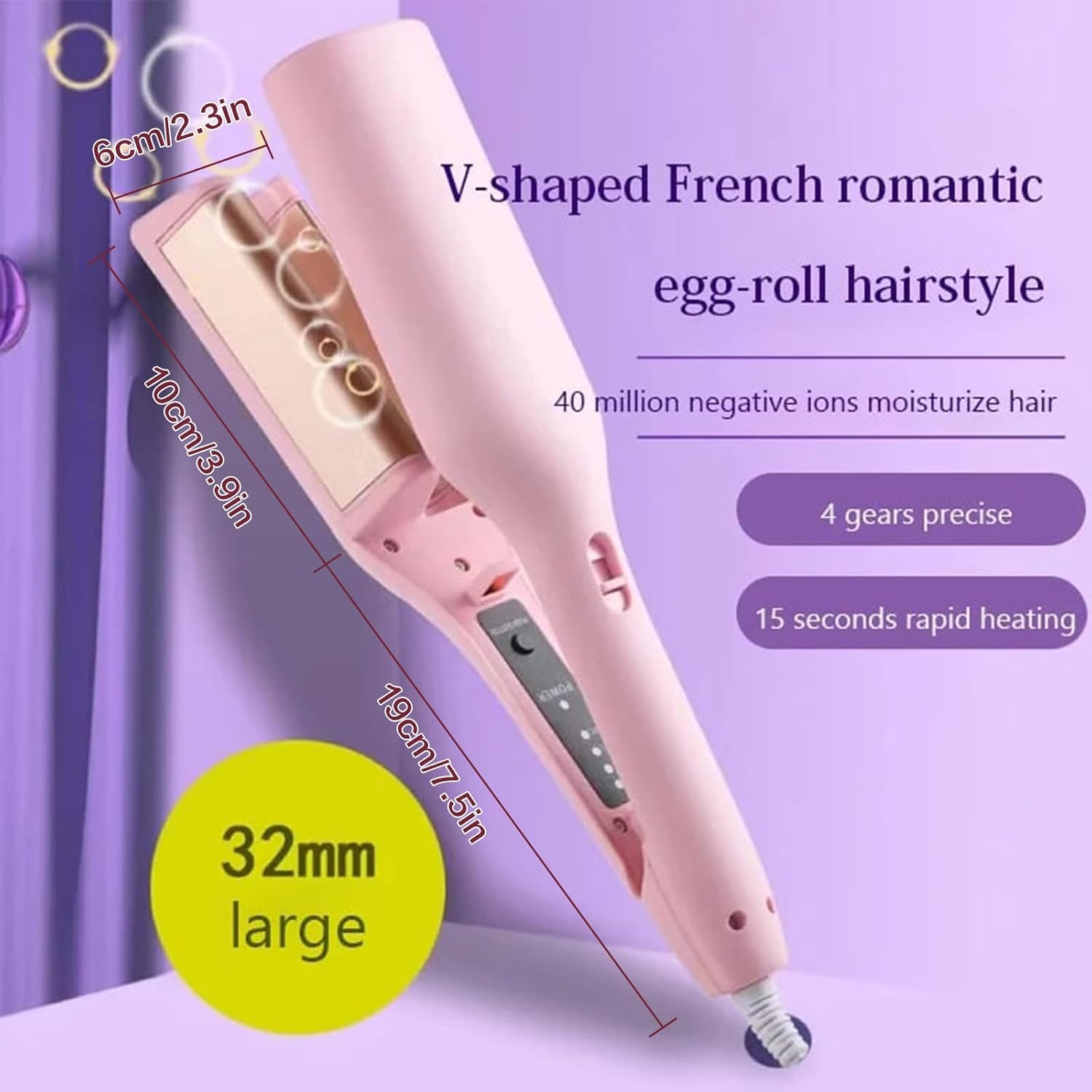 Rizador de huevo francés romántico, rizador de pelo iónico en forma de V para ondas perfectas, calentamiento rápido, temperatura ajustable, rizador