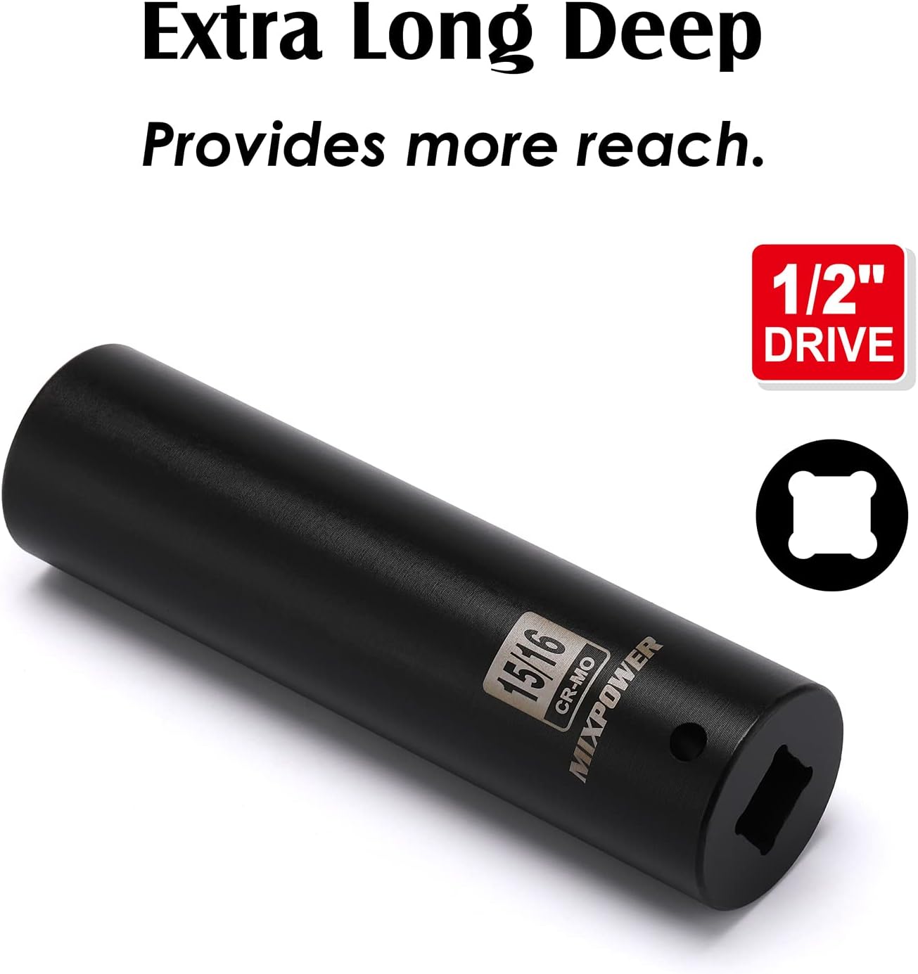 MIXPOWER 12″ Dr. x 1516 pulgadas Extra Long Deep Impact Socket, 6 puntos, acero de aleación Cr-Mo, 5 pulgadas de largo, 1516 pulgadas