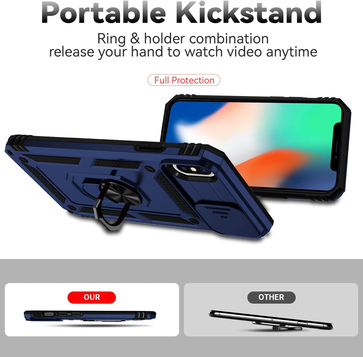 Funda para iPhone X, iPhone Xs, con protector de pantalla deslizante para cámara HD, protección de cámara soporte giratorio magnético funda