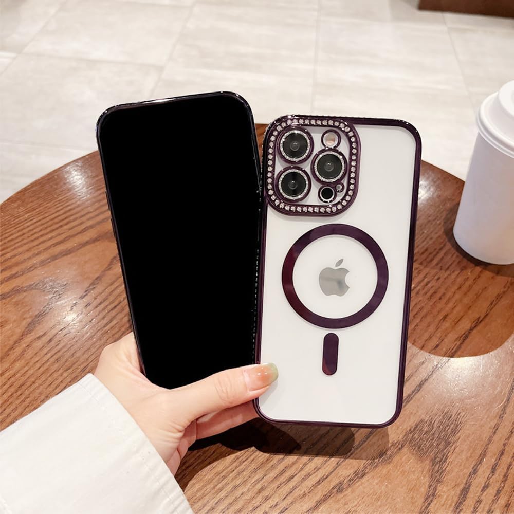 Fycyko Funda magnética para iPhone 13 Pro, protección completa de lente de cámara compatibilidad con MagSafe diamantes de imitación transparentes a