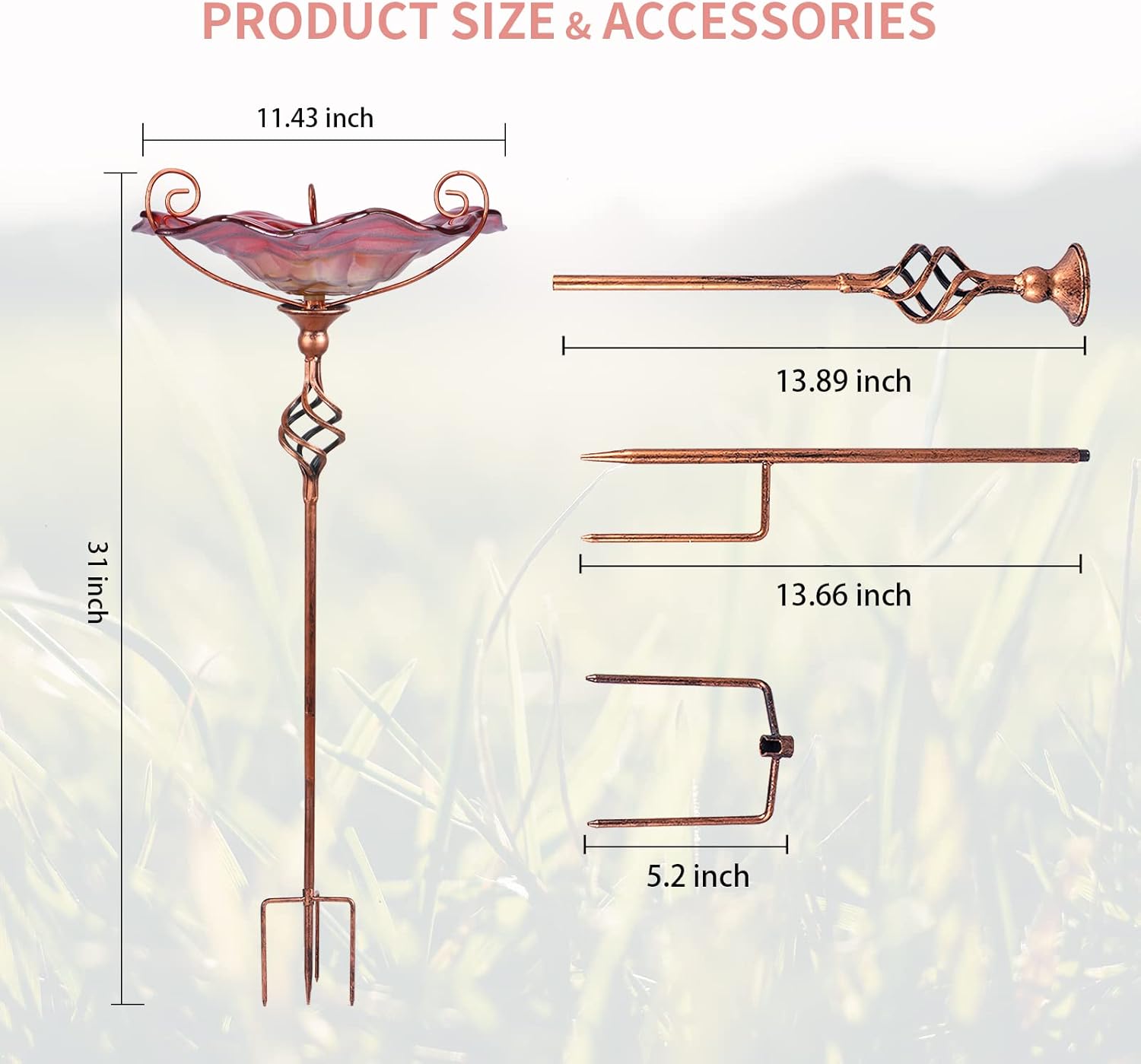 VCUTEKA Baño para pájaros, bañeras de cristal para pájaros para exteriores, comedero de pájaros con estaca de metal, decoración de jardín, 31