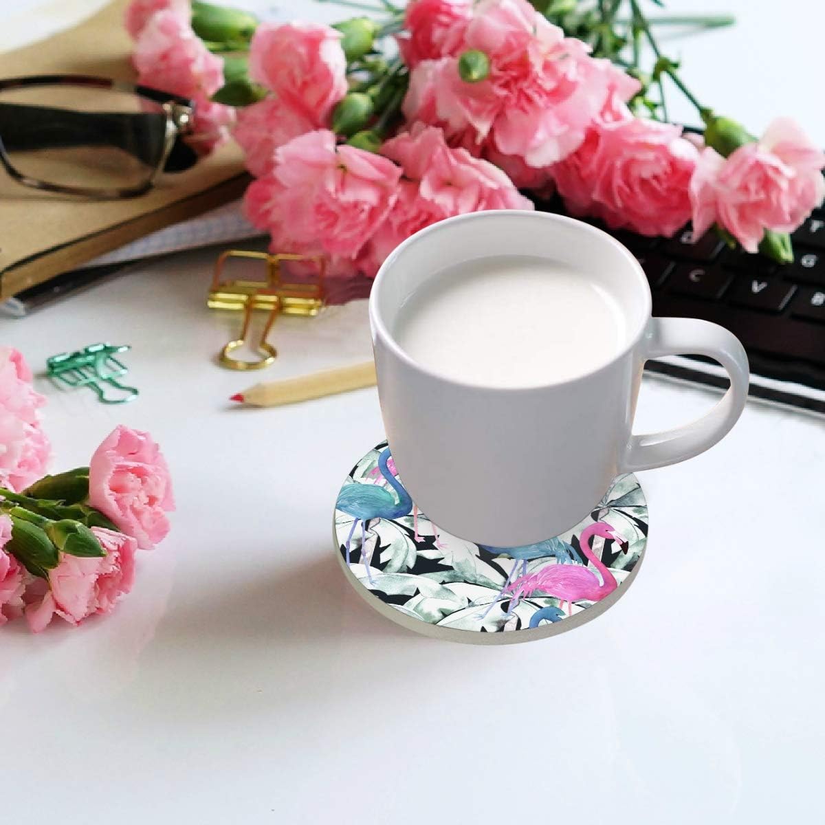 visesunny Posavasos clásico con estampado de flamenco, posavasos de piedra que absorben la humedad con base de corcho para protección de mesa para